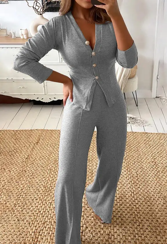 Two Piece Set Women Outfit 2026 Spring Autumn New V-Neck Button Down Long Sleeve Cardigan & High Waisted Wide Leg Pants Set
Two Piece Set Women Outfit 2026 Spring Autumn New V-Neck Button Down Long Sleeve Cardigan & High Waisted Wide Leg Pants Set