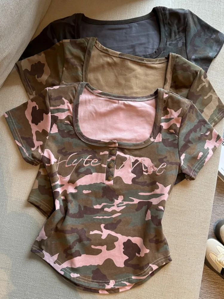 Fashionable Korean Style round Neck Camouflage Print Slim Fit Short Sleeve T-Shirt Women's Summer Shoulder Pad Top
Fashionable Korean Style round Neck Camouflage Print Slim Fit Short Sleeve T-Shirt Women's Summer Shoulder Pad Top