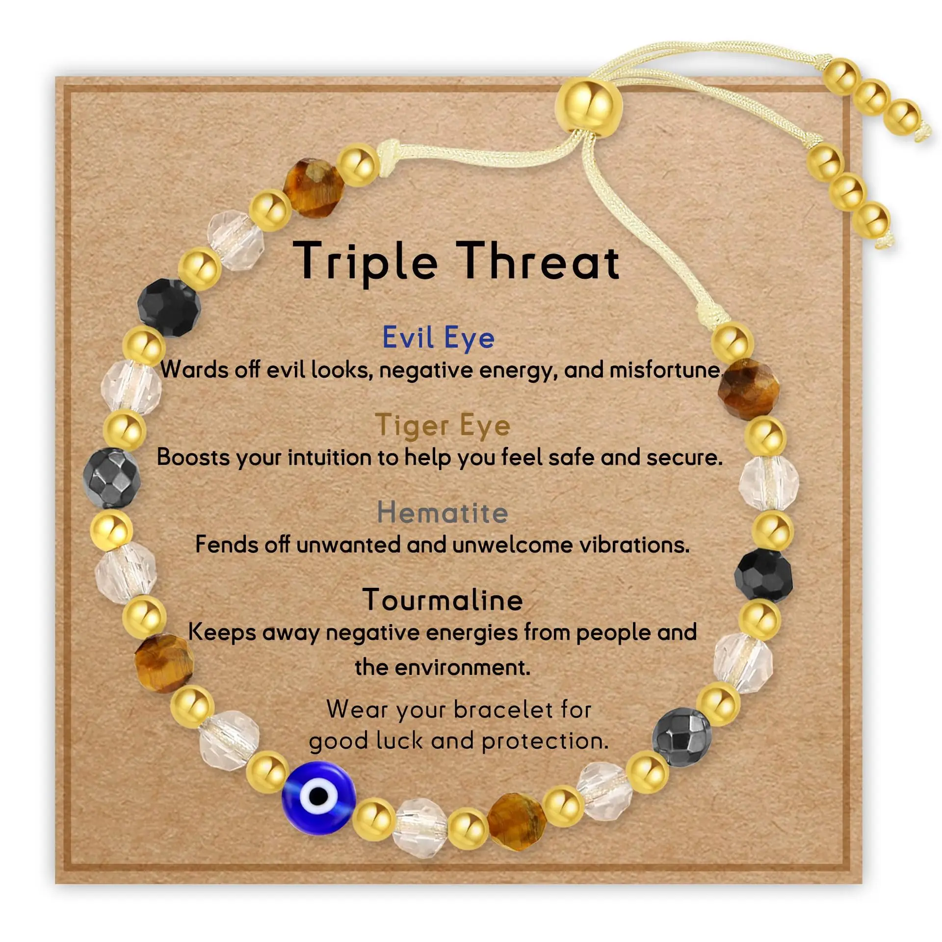 Evil Eye Bracelet with Gold Tail Bead, Rose Quartz, Amethyst, Drawstring Rhombus Cut Crystal
Evil Eye Bracelet with Gold Tail Bead, Rose Quartz, Amethyst, Drawstring Rhombus Cut Crystal