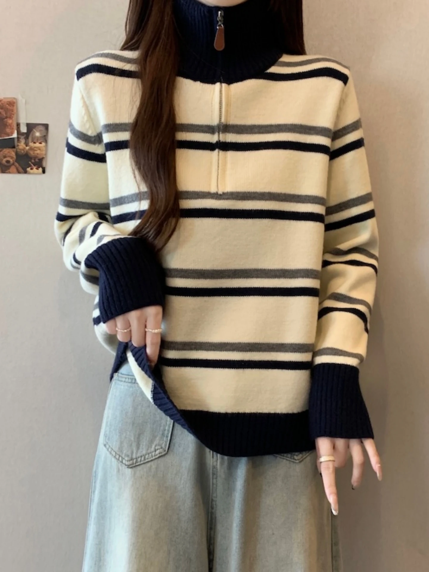 Women's High Collar Knitted Sweater Half Zip Inner Wear Spring Autumn plus Size Slimming European Style Striped Base Layer Top
Women's High Collar Knitted Sweater Half Zip Inner Wear Spring Autumn plus Size Slimming European Style Striped Base Layer Top