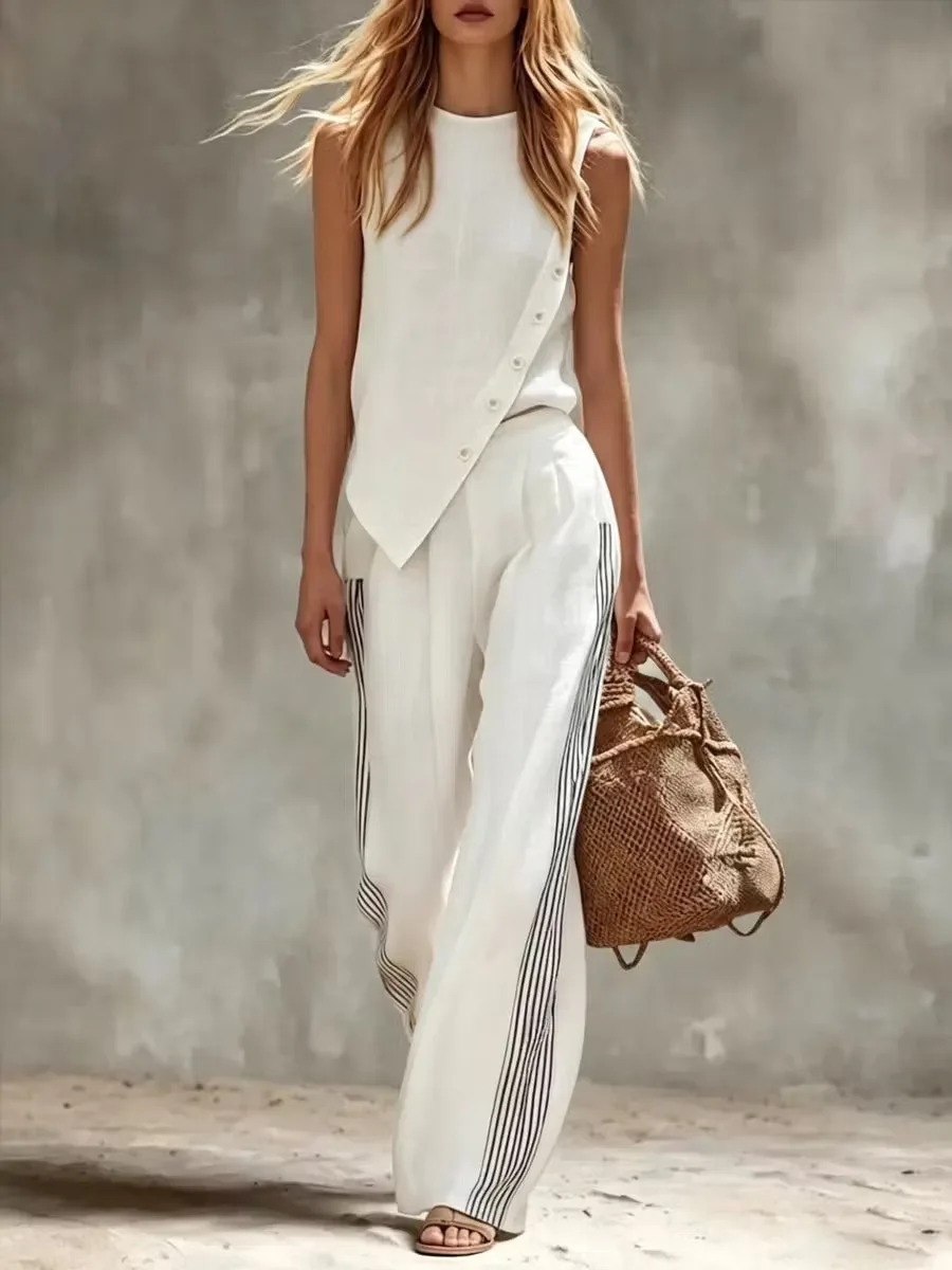 Side Button Irregular Sleeveless Linen 2 Piece Set, Stripe Wide Leg Pants Suit for Women, Breathable Casual Vacation Daily Outfi
Side Button Irregular Sleeveless Linen 2 Piece Set, Stripe Wide Leg Pants Suit for Women, Breathable Casual Vacation Daily Outfi