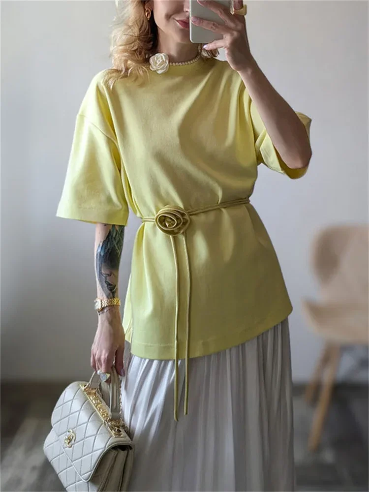 Summer Floral Casual T-shirt Pullover For Women Solid Lace-Up Loose Short Sleeve Bandage Top Commute Female Basic Tee Top
Summer Floral Casual T-shirt Pullover For Women Solid Lace-Up Loose Short Sleeve Bandage Top Commute Female Basic Tee Top