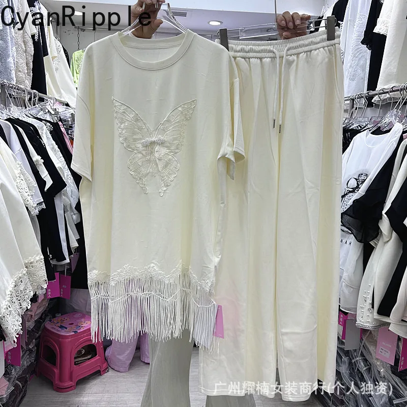Fashion Summer Women Two-piece Set Embroidery Butterfly Tassel Loose Short Sleeve T-shirt + Elastic Waist Casual Straight Pants
Fashion Summer Women Two-piece Set Embroidery Butterfly Tassel Loose Short Sleeve T-shirt + Elastic Waist Casual Straight Pants