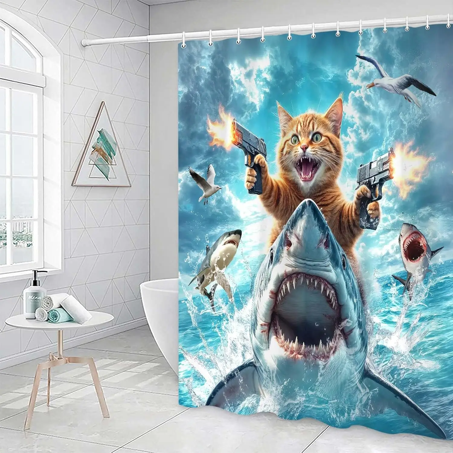 Funny Cat Shower Curtain for Kids, Cute Kitten Riding Shark Ocean Theme Hilarious Cool Fun Grey Blue Wave Animal Nautical Whale
Funny Cat Shower Curtain for Kids, Cute Kitten Riding Shark Ocean Theme Hilarious Cool Fun Grey Blue Wave Animal Nautical Whale