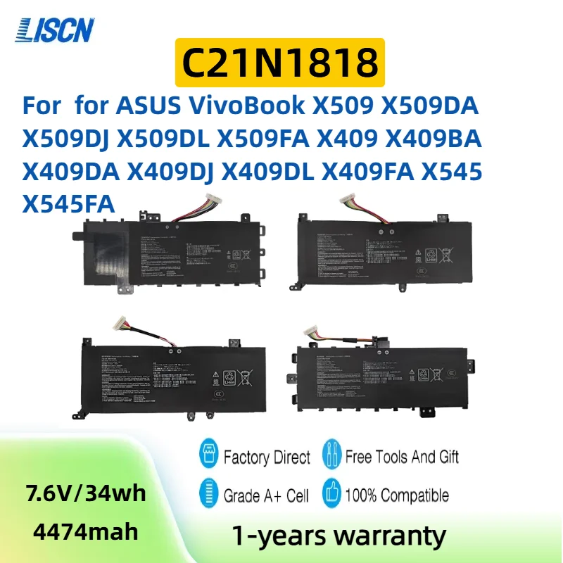C21N1818 Laptop Battery for ASUS VivoBook X509 X509DA X509DJ X509DL X509FA X409 X409BA X409DA X409DJ X409DL X409FA X545 X545FA
C21N1818 Laptop Battery for ASUS VivoBook X509 X509DA X509DJ X509DL X509FA X409 X409BA X409DA X409DJ X409DL X409FA X545 X545FA