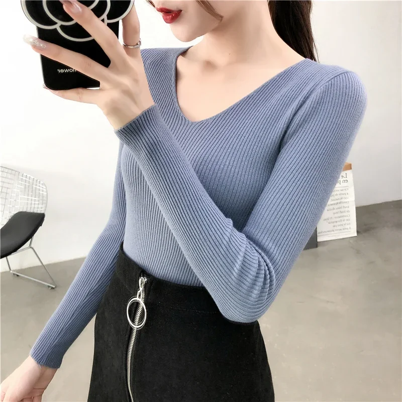 Autumn Winter V-Neck Long Sleeve Sweater Solid Color Knitted Bottoming Tops Slim Fit Sweaters for Women Pullover Clothes 28046
Autumn Winter V-Neck Long Sleeve Sweater Solid Color Knitted Bottoming Tops Slim Fit Sweaters for Women Pullover Clothes 28046