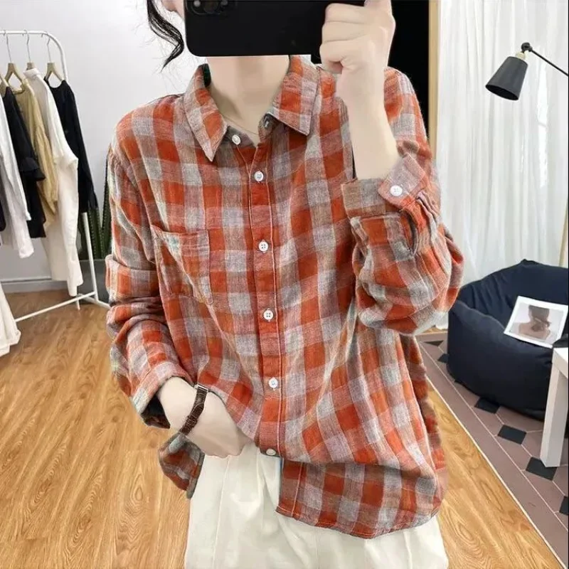 Рубашка с длинным рукавом с лацканами, женский свободный топ в клетку контрастного цвета 
Рубашка с длинным рукавом с лацканами, женский свободный топ в клетку контрастного цвета