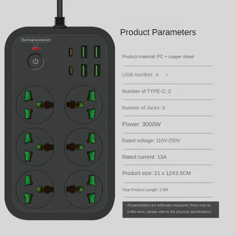 New 3000W Multi-function Power Strip with Switch 6-hole Socket Household with 2m Extension Cable 4 USB Power Strip Plug-in Board
New 3000W Multi-function Power Strip with Switch 6-hole Socket Household with 2m Extension Cable 4 USB Power Strip Plug-in Board