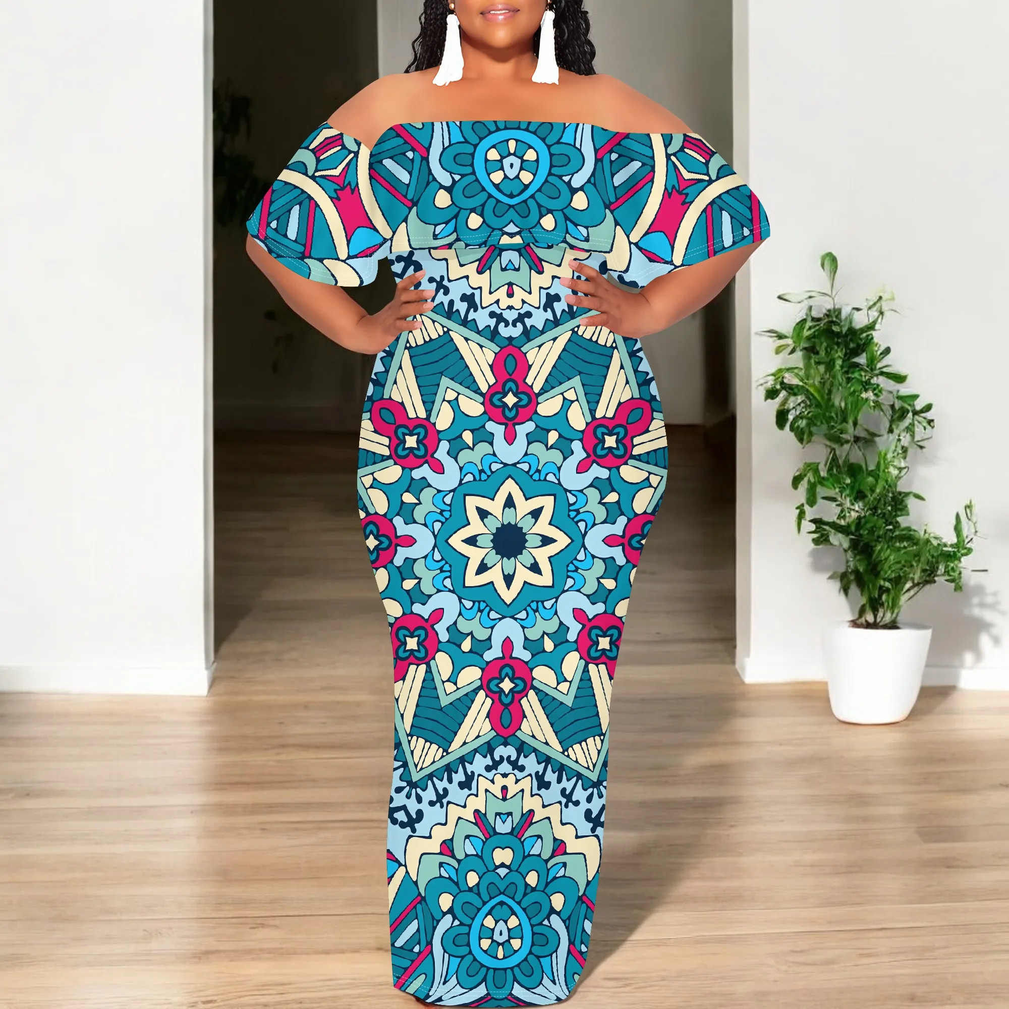 Women's Tight Hips-Wrapped Geometric Off-Shoulder Ruffle Short Sleeve Dress Vibrant Cultural Party Plus Size with pockets
Women's Tight Hips-Wrapped Geometric Off-Shoulder Ruffle Short Sleeve Dress Vibrant Cultural Party Plus Size with pockets
