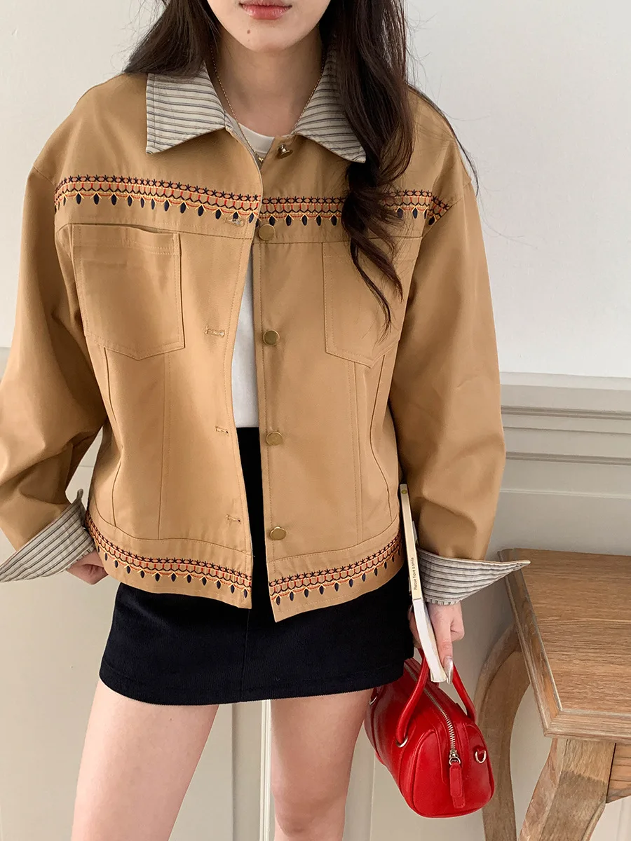 Early autumn new ethnic style embroidered striped lapel casual jacket 
Early autumn new ethnic style embroidered striped lapel casual jacket