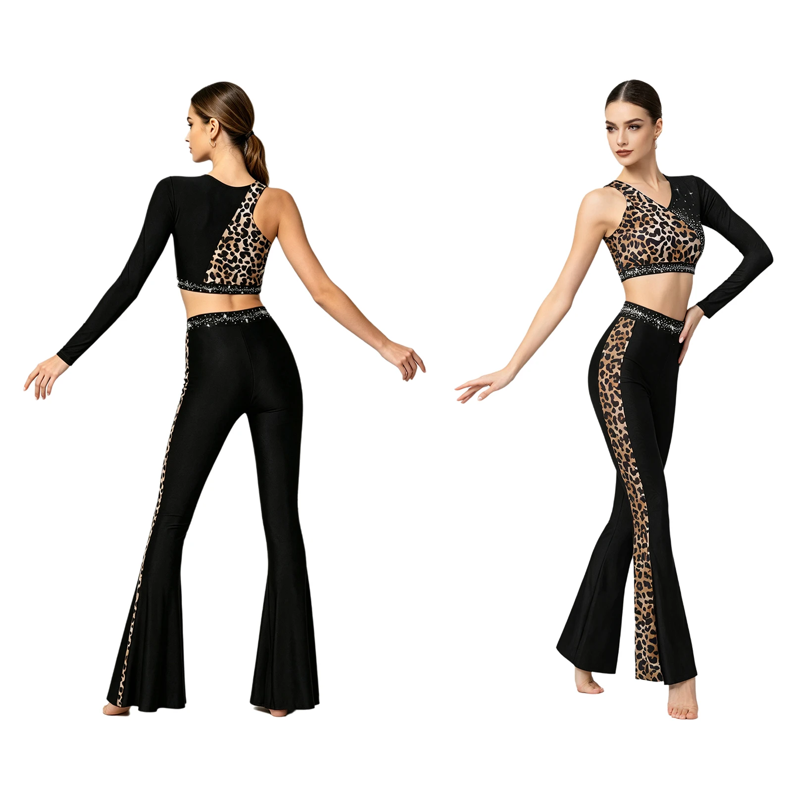 Womens Asymmetrical One Shoulder Gymnastics Leopard Top with Flared Pants Female Rhinestone Tango Salsa Rumba Dance Costume
Womens Asymmetrical One Shoulder Gymnastics Leopard Top with Flared Pants Female Rhinestone Tango Salsa Rumba Dance Costume