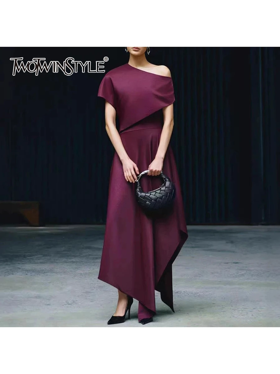 TWOTWINSTYLE Solid Irregular Dresses for Women Diagonal Collar Short Sleeve High Waist A Line Dress Female Fashion Clothing 2026
TWOTWINSTYLE Solid Irregular Dresses for Women Diagonal Collar Short Sleeve High Waist A Line Dress Female Fashion Clothing 2026