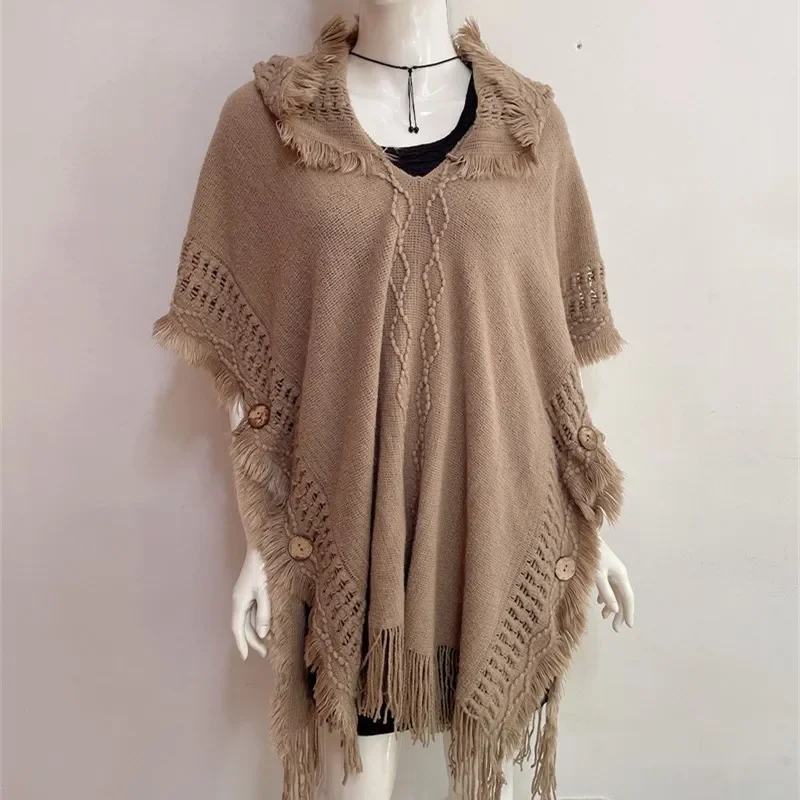Spring Autumn Women Hooded Pullover Sweater Tassel Knitting Versatile Sunscreen Warmth European American Knitted Cloak Khaki
Spring Autumn Women Hooded Pullover Sweater Tassel Knitting Versatile Sunscreen Warmth European American Knitted Cloak Khaki