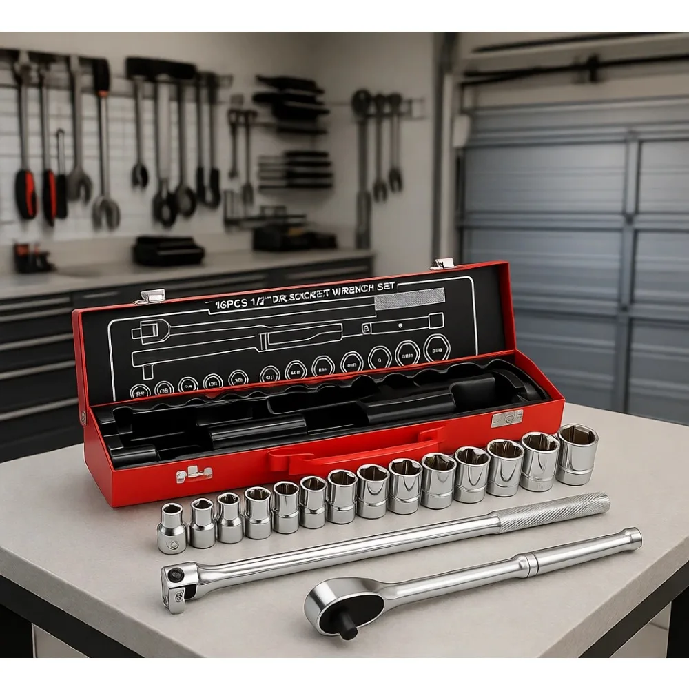 16pc 12Dr Socket Set with Breaker Bar Ratchet Extension SAE
16pc 12Dr Socket Set with Breaker Bar Ratchet Extension SAE