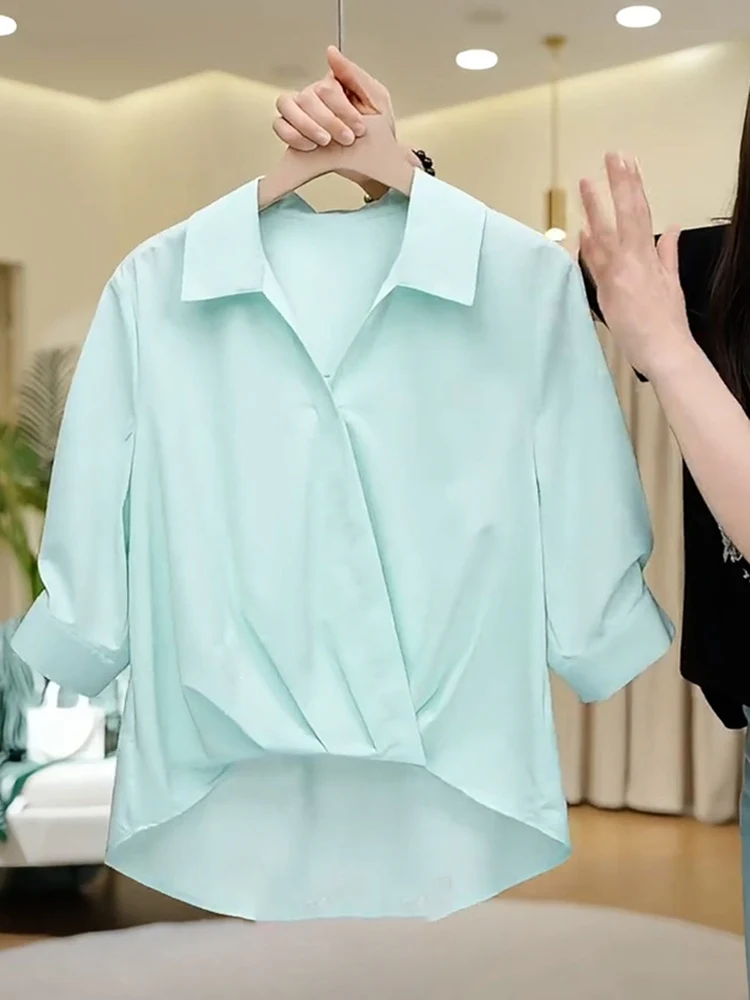 Elegant Green Neck Shirt Short Sleeve Pleated Cross Design Spring Fashion Commute Style Women's plus Size Inner Wear
Elegant Green Neck Shirt Short Sleeve Pleated Cross Design Spring Fashion Commute Style Women's plus Size Inner Wear