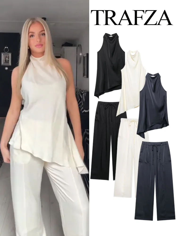 TRAFZA Women Summer Casual Sets Beige Sleeveless Backless Decoration Tops+High Waist Drawstring Long Pants Women's Fashion Suit
TRAFZA Women Summer Casual Sets Beige Sleeveless Backless Decoration Tops+High Waist Drawstring Long Pants Women's Fashion Suit