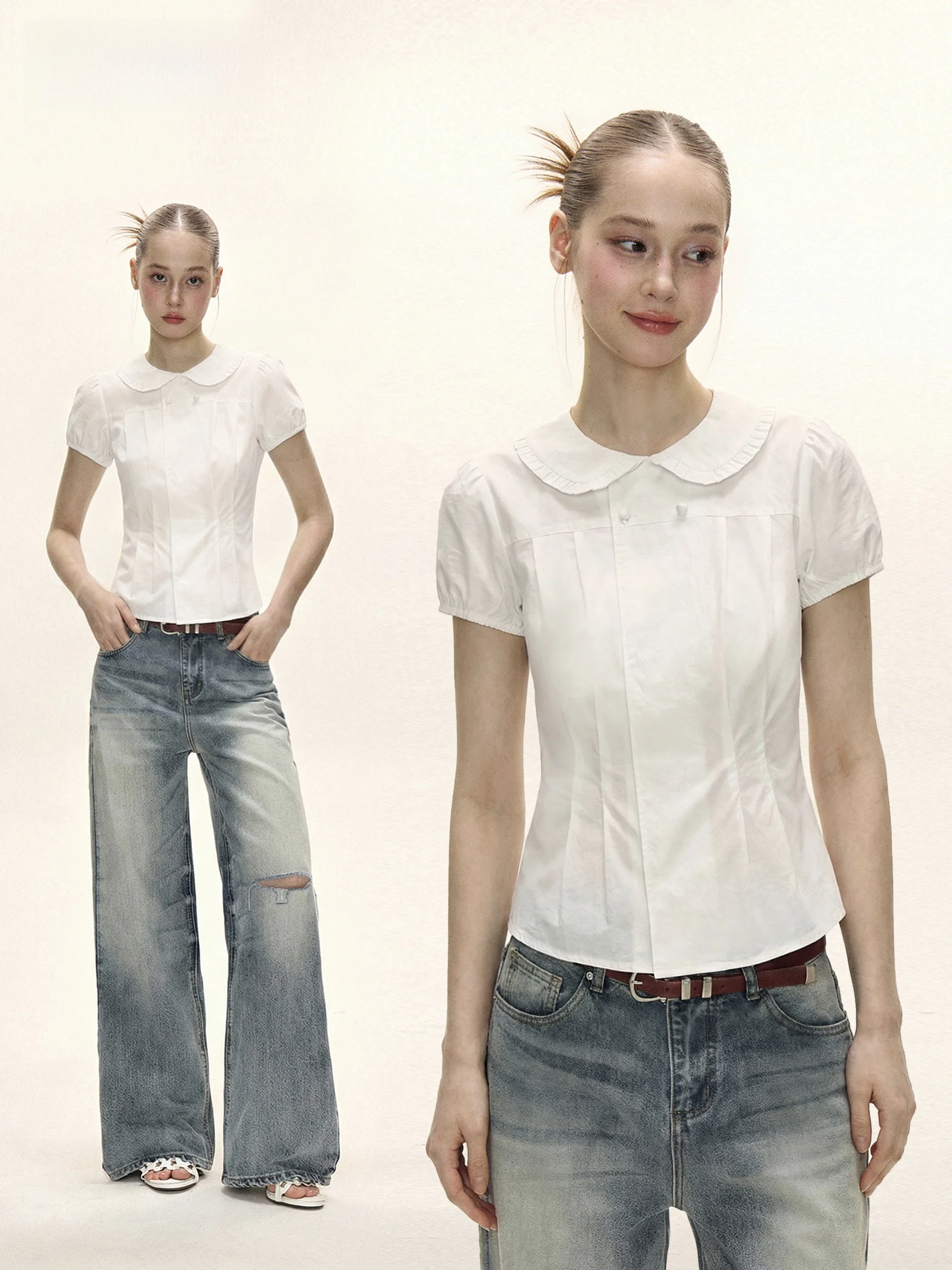 Sweet Style Short Sleeve Shirt Women's Summer White Doll Collar Slim Fit Double Button Waist Cinched Shirt Girls Fashion Design
Sweet Style Short Sleeve Shirt Women's Summer White Doll Collar Slim Fit Double Button Waist Cinched Shirt Girls Fashion Design