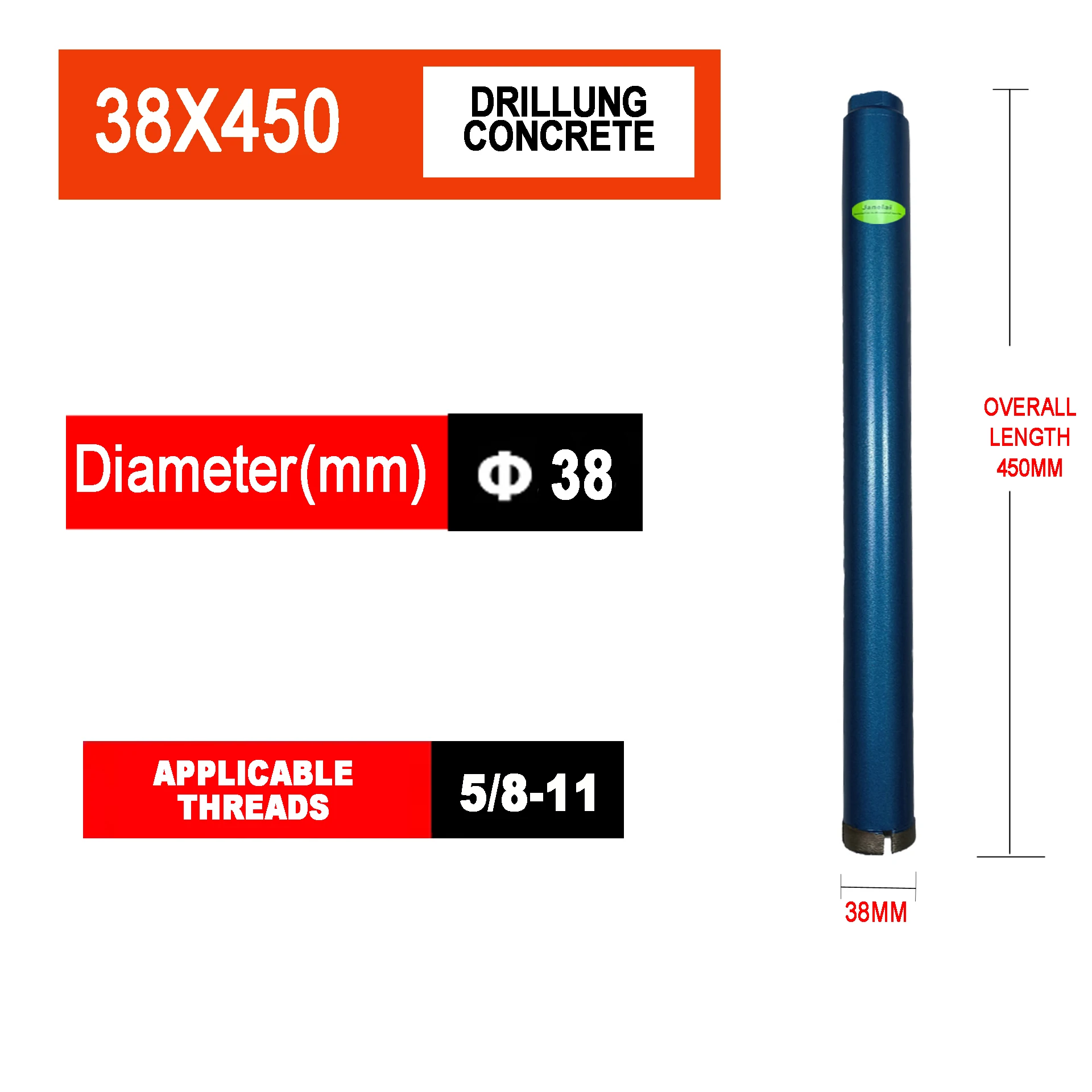 Janelai 38mm Diameter Wet Diamond Core Drill Bits 1-1/4 Thread 450mm Concrete Core Drill Bit Core Bit Turbo
Janelai 38mm Diameter Wet Diamond Core Drill Bits 1-1/4 Thread 450mm Concrete Core Drill Bit Core Bit Turbo