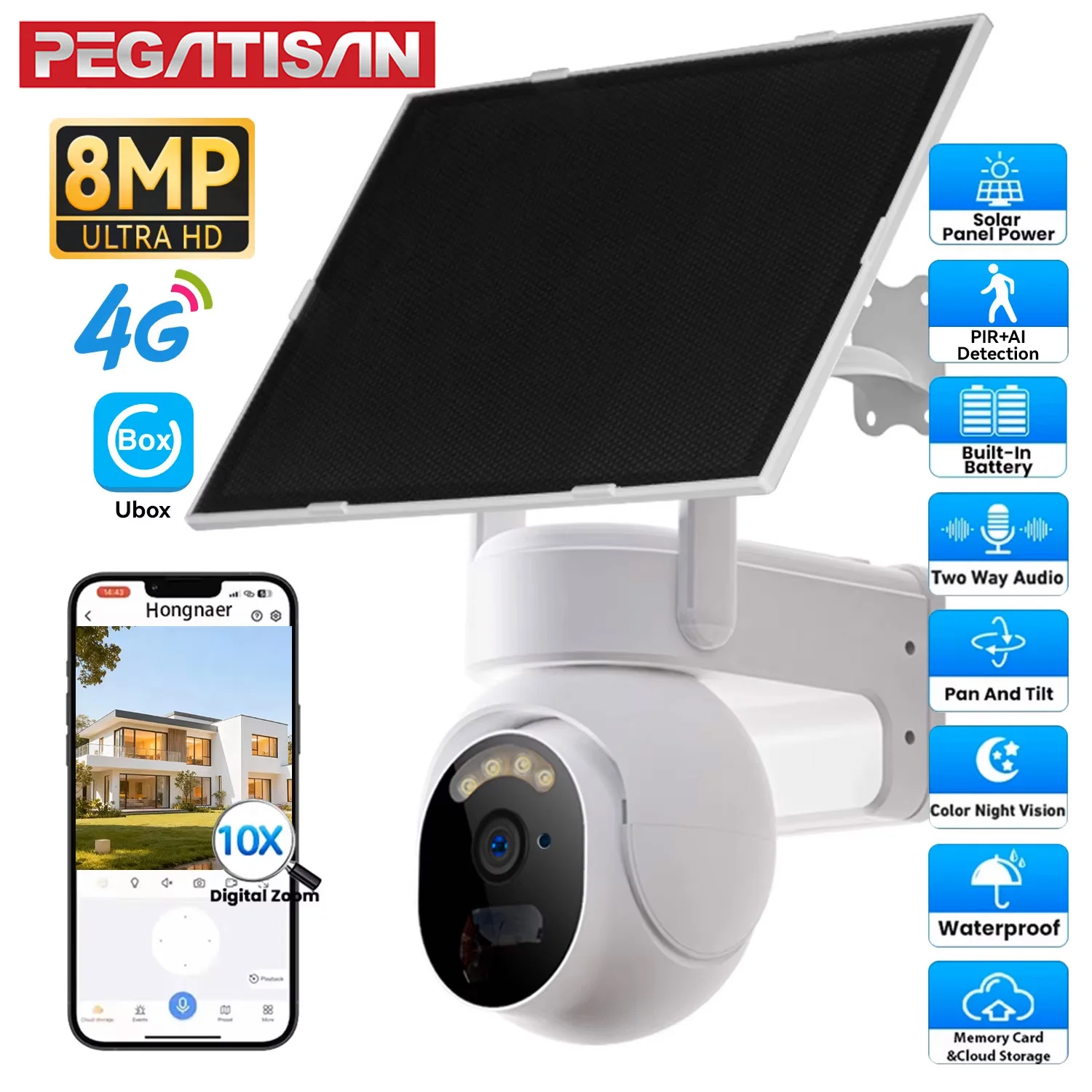 PEGATAH 4G SIM Card Solar Camera 8MP PIR Human Detect Built-in 8000mAh Rechargeable Battery CCTV Surveillance IP Camera Ubox
PEGATAH 4G SIM Card Solar Camera 8MP PIR Human Detect Built-in 8000mAh Rechargeable Battery CCTV Surveillance IP Camera Ubox