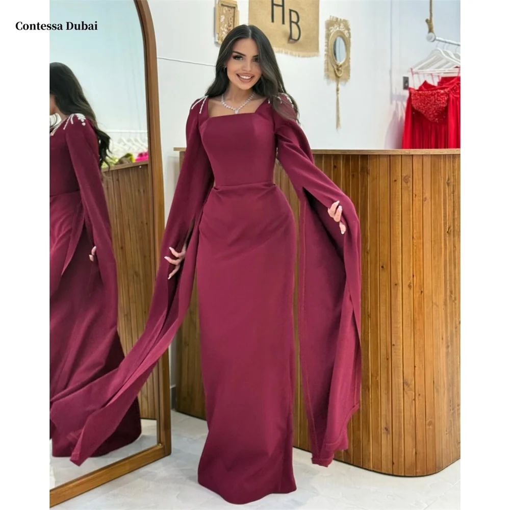 Contessa Dubai Red Square Collar Floor-Length Prom Dresses Long Sleeve Customized جديد في الفساتين Sweep Train robes de soirée
Contessa Dubai Red Square Collar Floor-Length Prom Dresses Long Sleeve Customized جديد في الفساتين Sweep Train robes de soirée