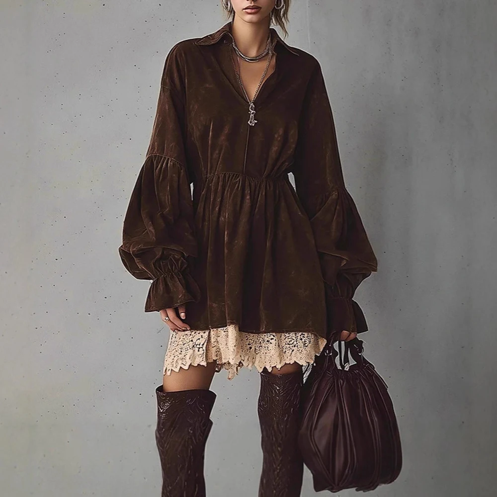 Women Western Suede Mini Dress Solid Lapel Zipper Flared Lantern Sleeves Patchwork Lace Hem Dress For Female High Street Dresses
Women Western Suede Mini Dress Solid Lapel Zipper Flared Lantern Sleeves Patchwork Lace Hem Dress For Female High Street Dresses