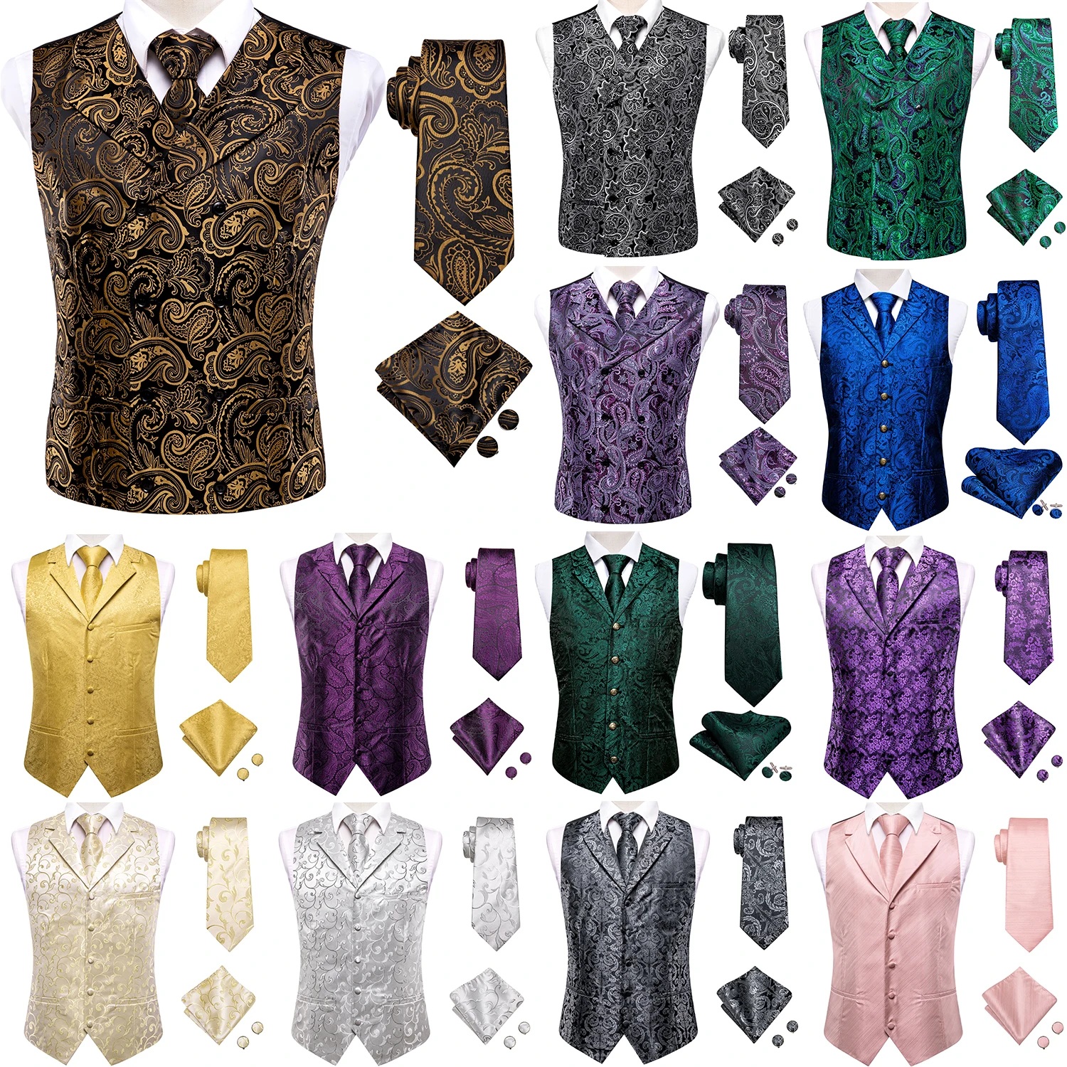Silk Mens Vest Tie Set Lapel Collar Sleeveless Suit Dress Waistcoat Necktie Hanky Cuffs Wedding Business Purple Gold Blue Green
Silk Mens Vest Tie Set Lapel Collar Sleeveless Suit Dress Waistcoat Necktie Hanky Cuffs Wedding Business Purple Gold Blue Green