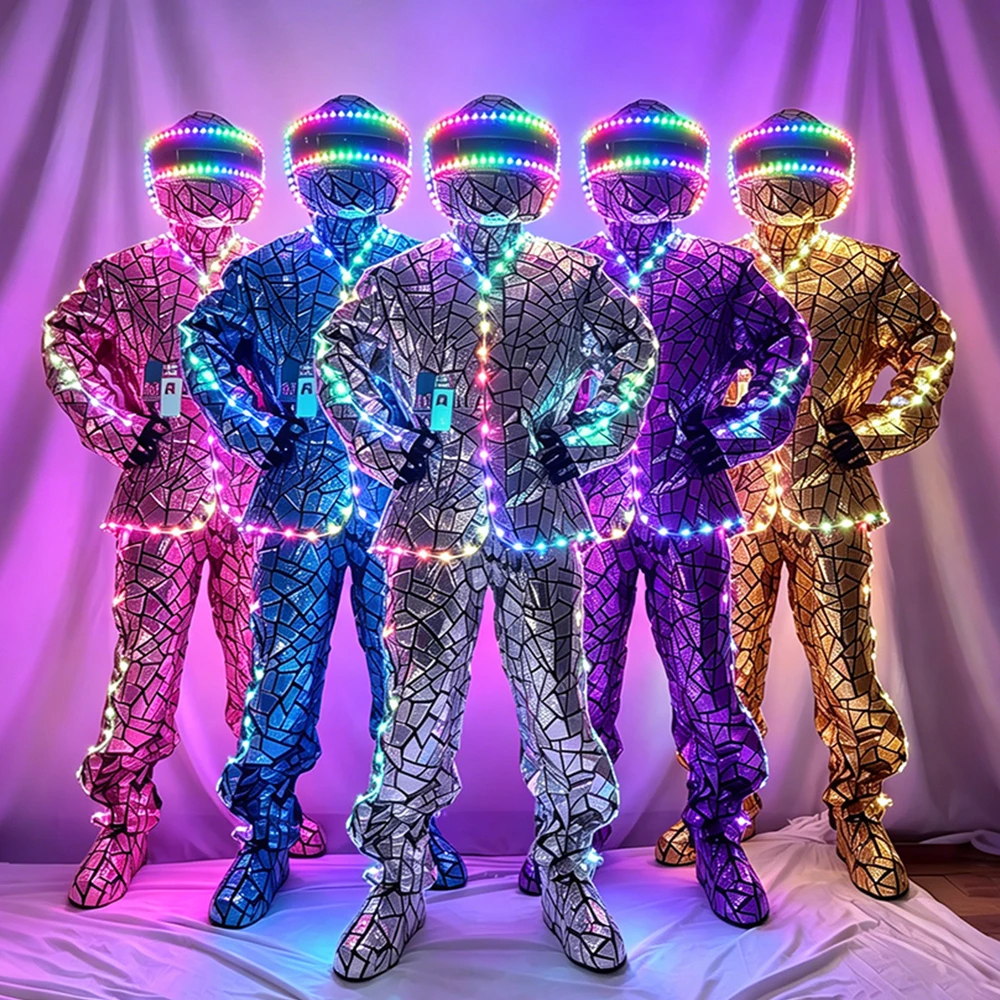 Full Set LED Mirror Coating Performance Costume Geometric Pattern Fabric Light Up Robot Suit for DJ Bar Stage Show
Full Set LED Mirror Coating Performance Costume Geometric Pattern Fabric Light Up Robot Suit for DJ Bar Stage Show