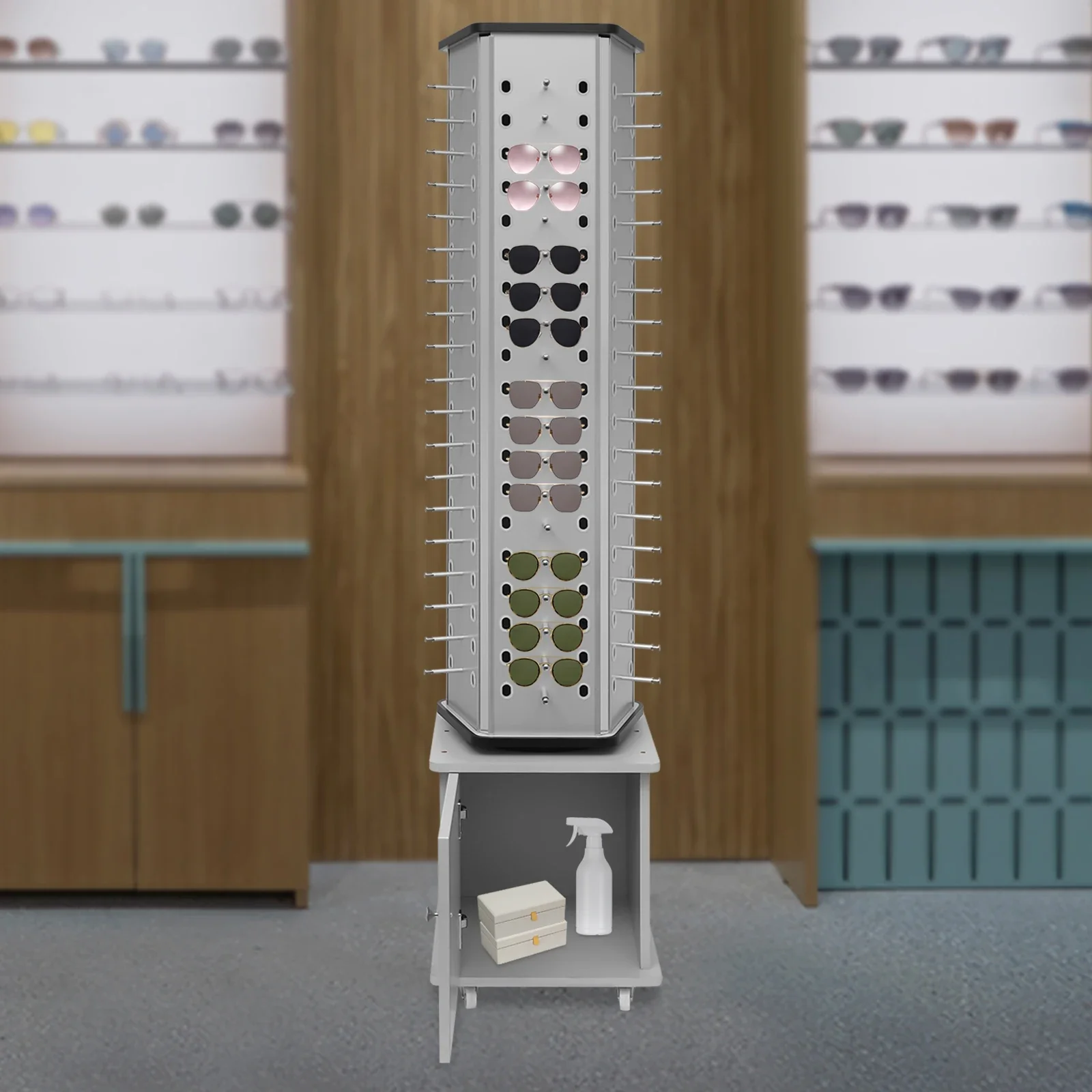 Rotating Glasses Display Stand – Silver Floor Stand with Aluminum-Plastic Plate for Sunglasses and Eyewear
Rotating Glasses Display Stand – Silver Floor Stand with Aluminum-Plastic Plate for Sunglasses and Eyewear
