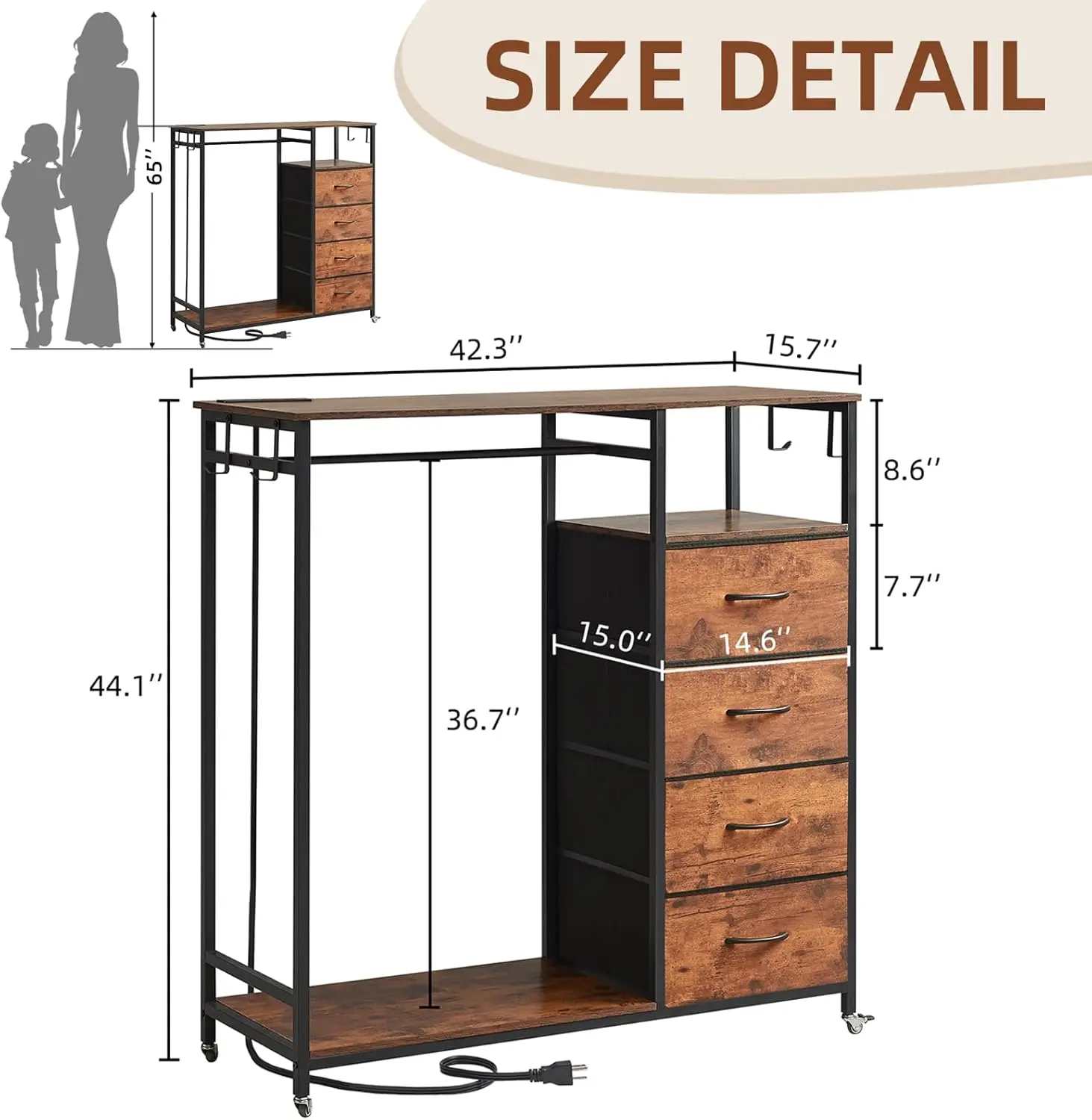 Somdot Dresser For Bedroom With Hanging Rack Led Light And Charging Station, 4 Drawer Dresser With Clothes Rack, Tall Storage
Somdot Dresser For Bedroom With Hanging Rack Led Light And Charging Station, 4 Drawer Dresser With Clothes Rack, Tall Storage