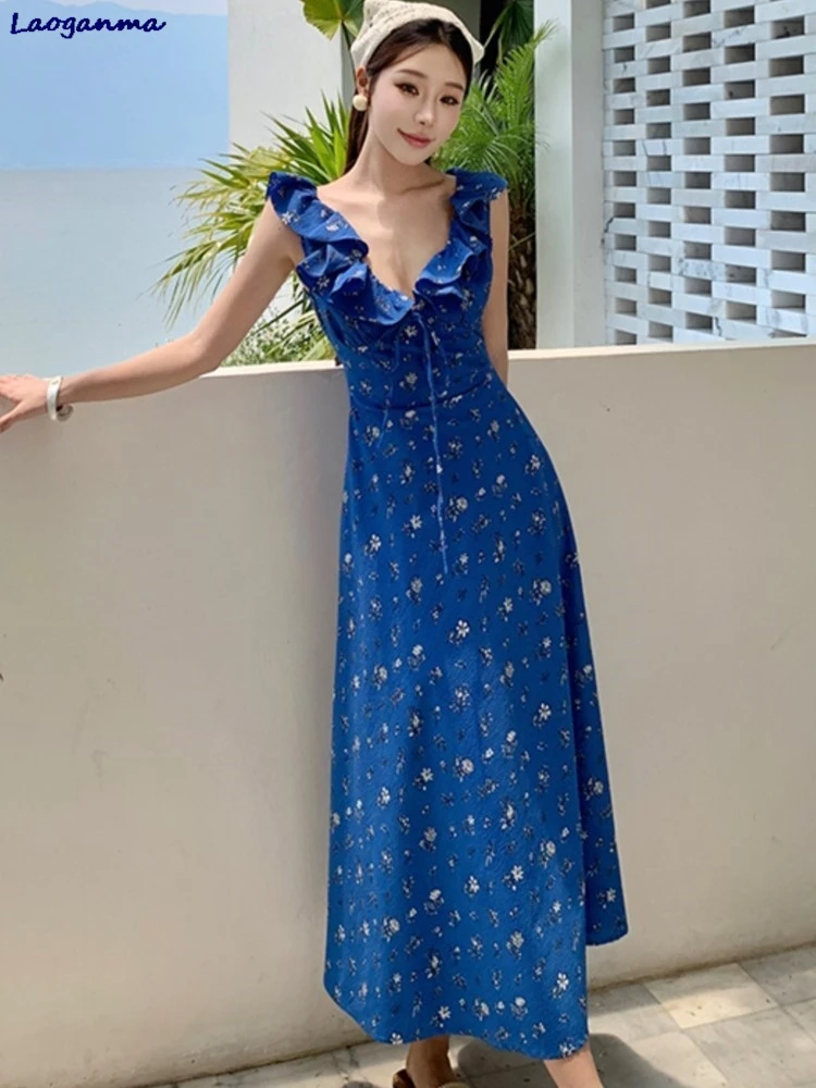 Women's Chiffon Ruffle V-neck Floral Lace-up Long Dresses Klein Blue French Romantic Style A-line Skirt New in Summer Vacation
Women's Chiffon Ruffle V-neck Floral Lace-up Long Dresses Klein Blue French Romantic Style A-line Skirt New in Summer Vacation