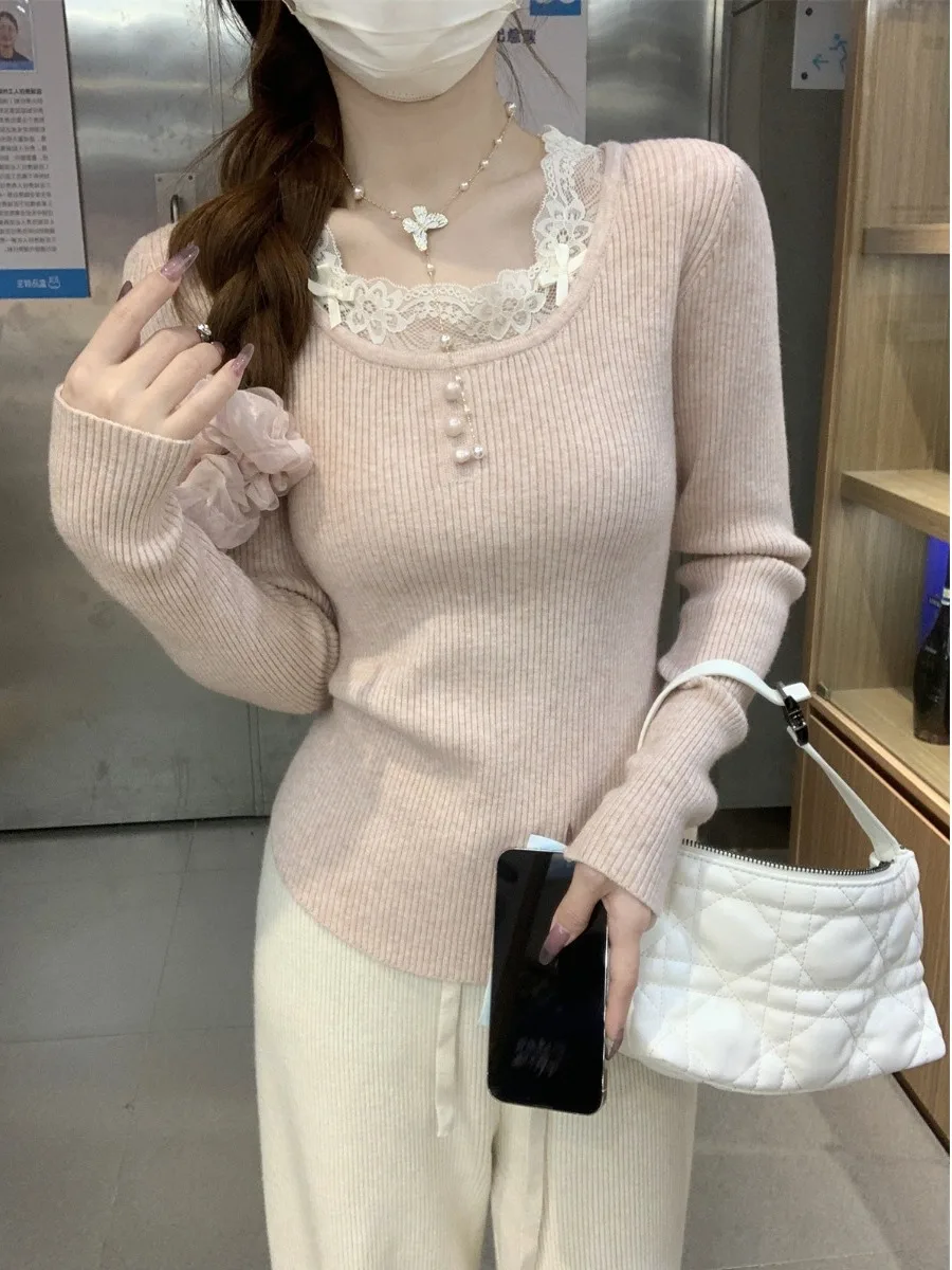 Korean Style Long Sleeve Lace Splice Knitted Sweater Women's Slim Fit Square Collar Spring New Arrival Base Shirt
Korean Style Long Sleeve Lace Splice Knitted Sweater Women's Slim Fit Square Collar Spring New Arrival Base Shirt