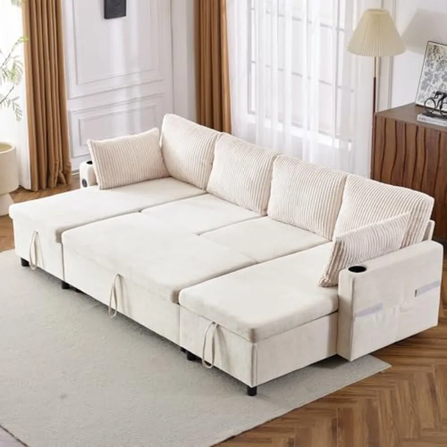 111.8" Upholstered Sectional Sleeper Sofa Bed, U Shaped Pull Out Couch with Storage Chaise, USB Ports and Two Cup Holders, for
111.8" Upholstered Sectional Sleeper Sofa Bed, U Shaped Pull Out Couch with Storage Chaise, USB Ports and Two Cup Holders, for