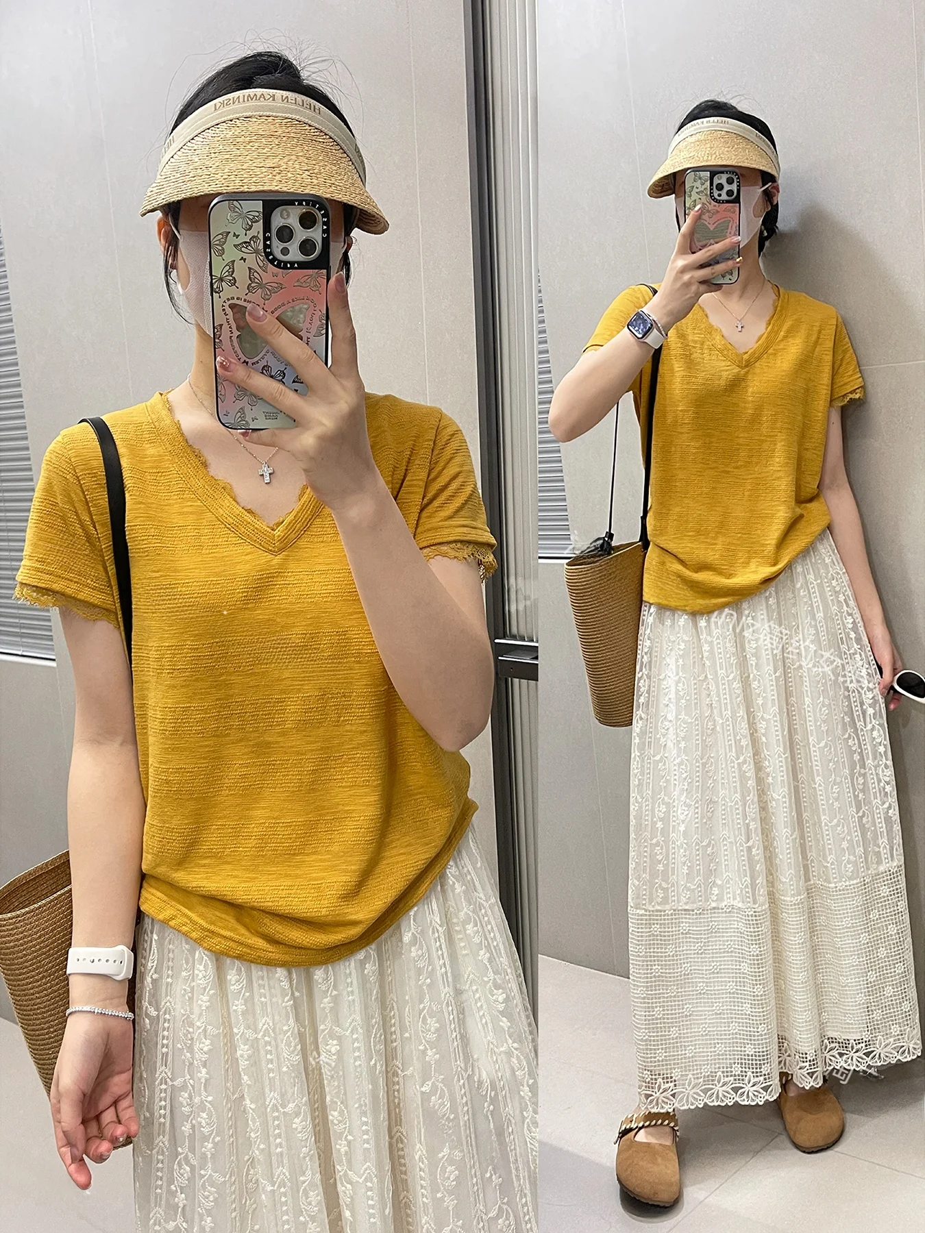 White Enhancing Yellowish Orange T-Shirt Lace Splicing Design Baring Collarbone Korean Style Cotton Short Sleeve V-Neck Top
White Enhancing Yellowish Orange T-Shirt Lace Splicing Design Baring Collarbone Korean Style Cotton Short Sleeve V-Neck Top