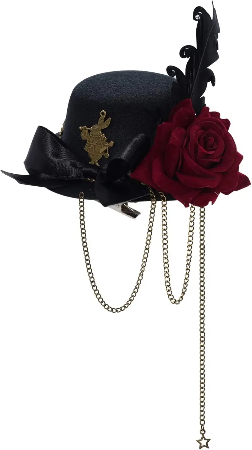 Mini Steampunk Hat Hair Clip with Rose, Feather, Chain for Halloween
Mini Steampunk Hat Hair Clip with Rose, Feather, Chain for Halloween