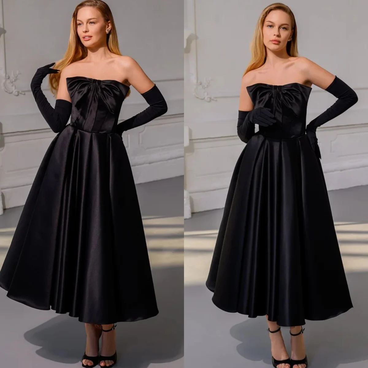Tea Length Black Prom Dress A Line Satin Bow Beach Boho Cocktail Party Gowns Customized Vestidos de Novia
Tea Length Black Prom Dress A Line Satin Bow Beach Boho Cocktail Party Gowns Customized Vestidos de Novia