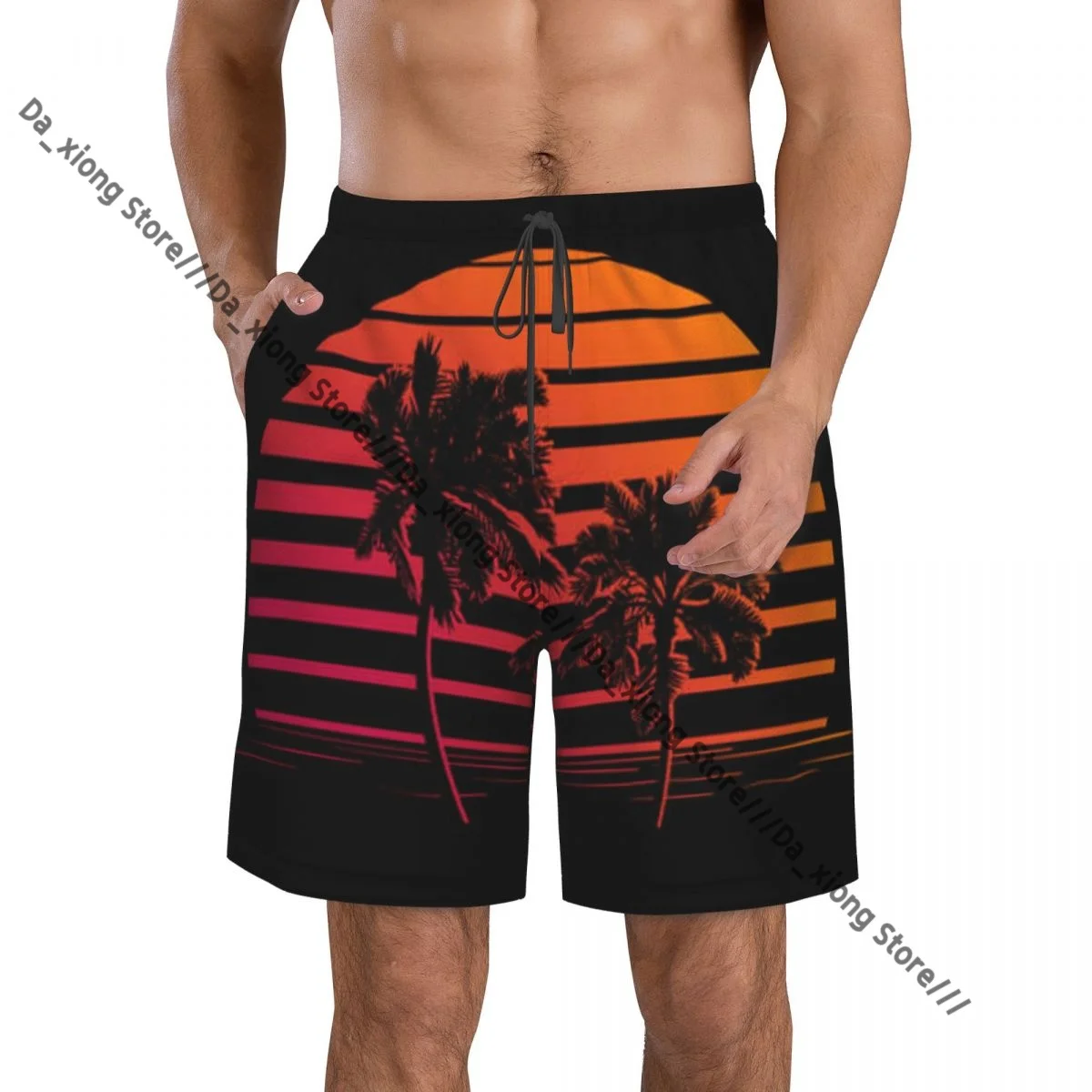 Мужские пляжные короткие шорты для плавания, летние тропические закатные пальмы, силуэты, спортивные шорты для серфинга, купальники 
Мужские пляжные короткие шорты для плавания, летние тропические закатные пальмы, силуэты, спортивные шорты для серфинга, купальники