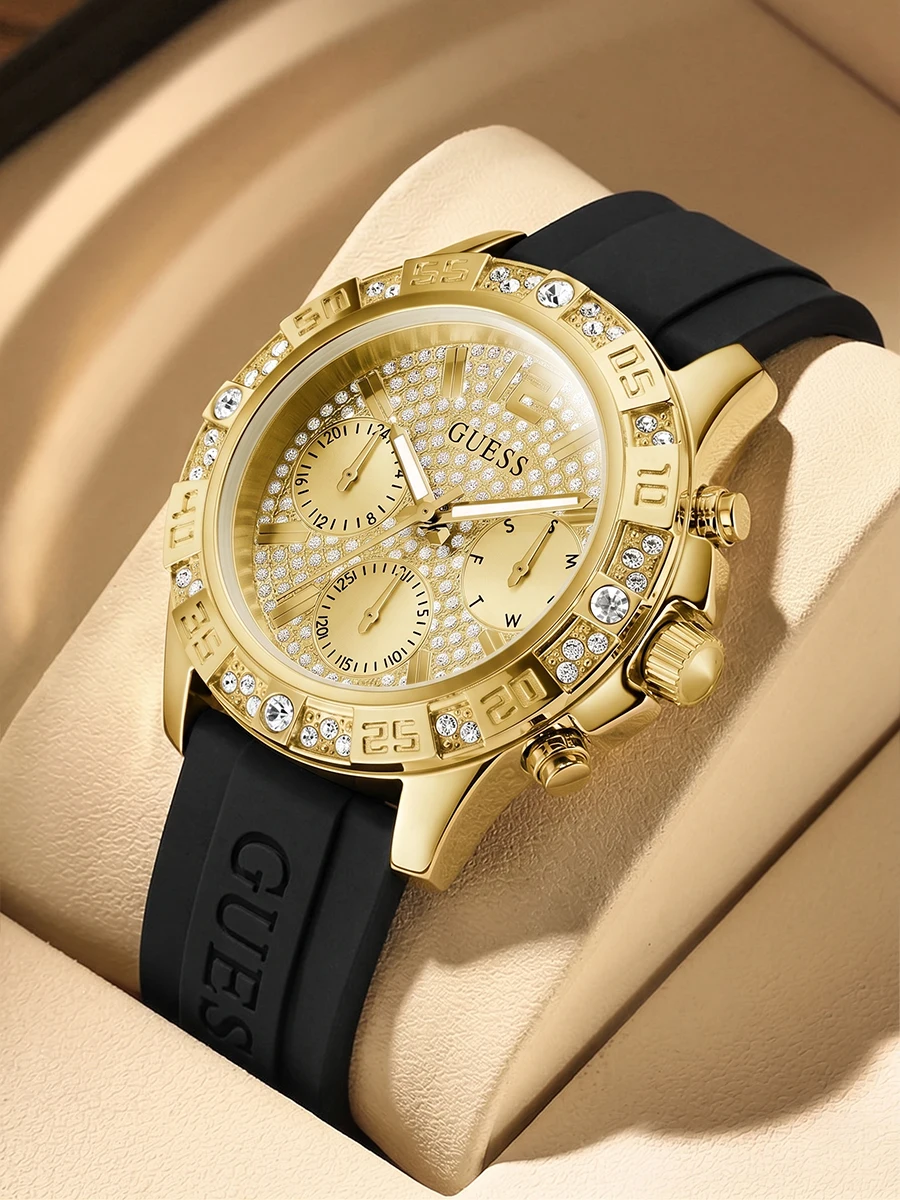 GUESS Elegant Women's Quartz Wristwatch Full Crystal Encrusted Case Black Silicone Band Fashion Accessories for Daily Wear
GUESS Elegant Women's Quartz Wristwatch Full Crystal Encrusted Case Black Silicone Band Fashion Accessories for Daily Wear