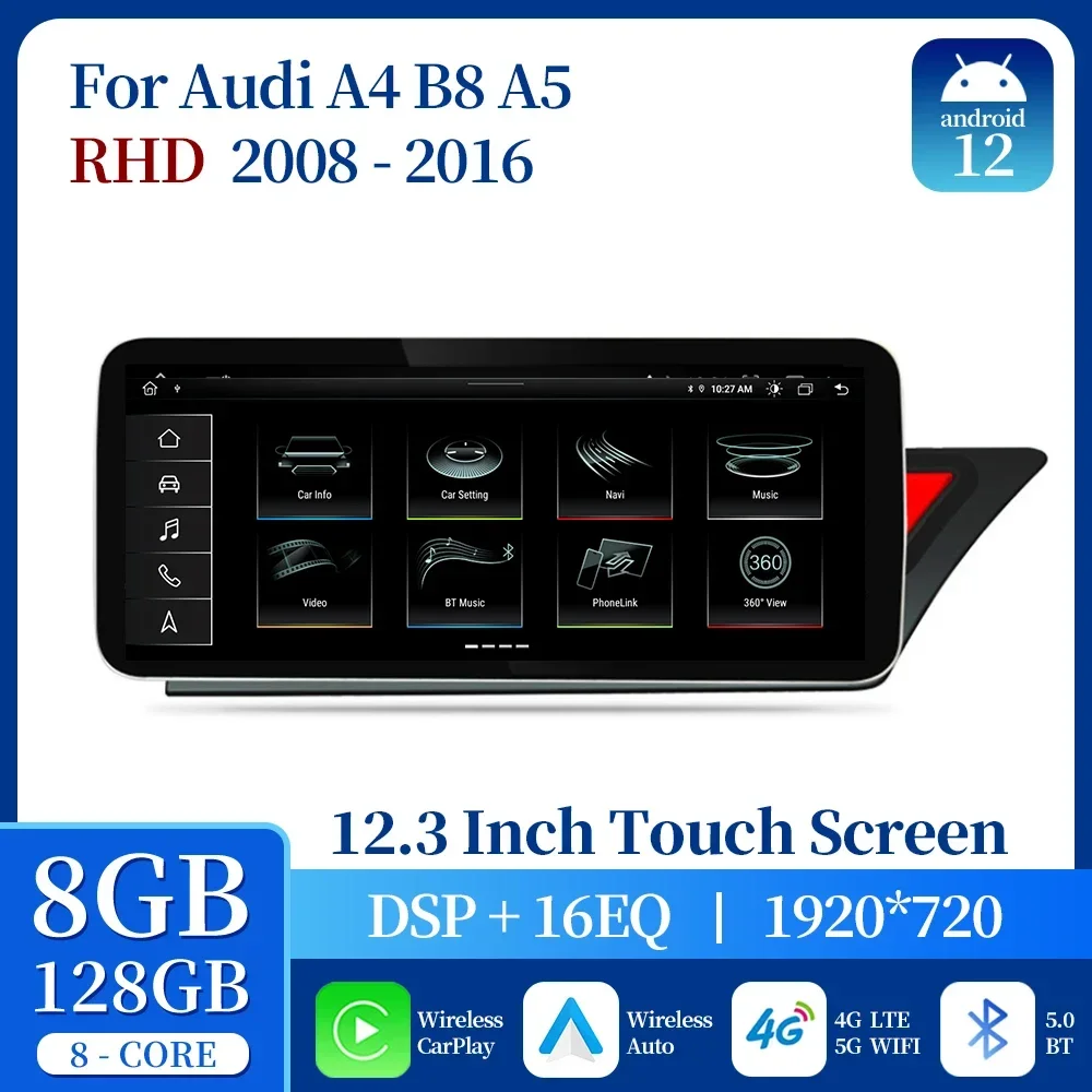 For Audi A4 B8 A5 2008-2017 RHD MMI 3G Android 12 System Car Screen Player GPS Navigation Multimedia Stereo Radio CarPlay Auto
For Audi A4 B8 A5 2008-2017 RHD MMI 3G Android 12 System Car Screen Player GPS Navigation Multimedia Stereo Radio CarPlay Auto