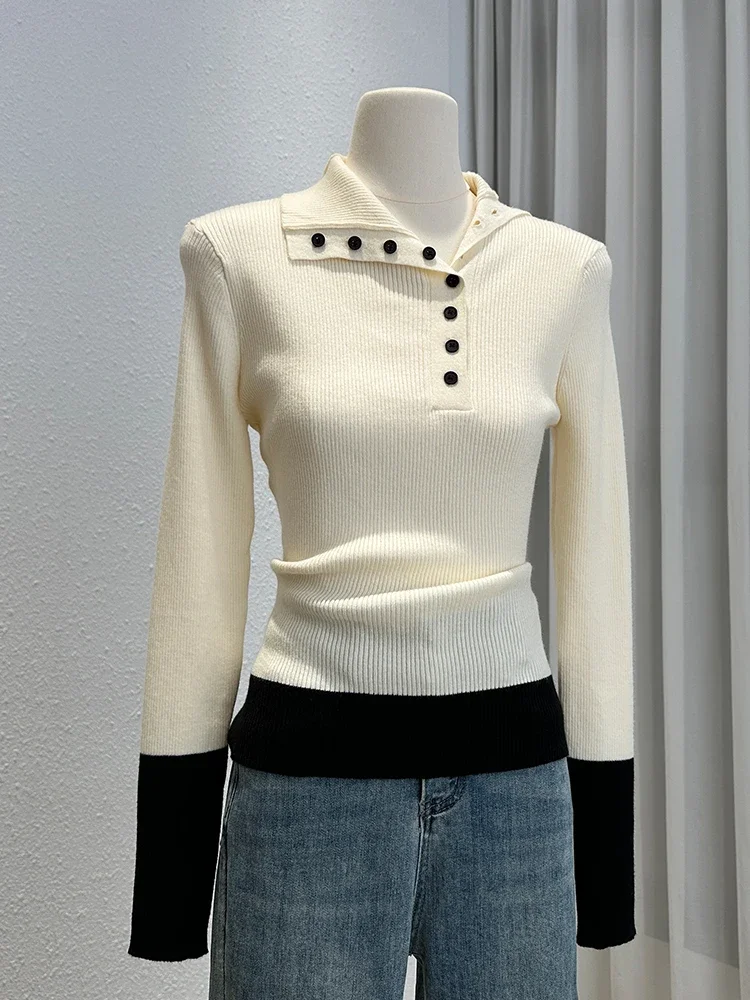 Fashion Elegant Contrast Color Patchwork Slim Fit Sweaters Irregular Turn-down Collar Button Knit Pullovers Korean Chic Jumper
Fashion Elegant Contrast Color Patchwork Slim Fit Sweaters Irregular Turn-down Collar Button Knit Pullovers Korean Chic Jumper