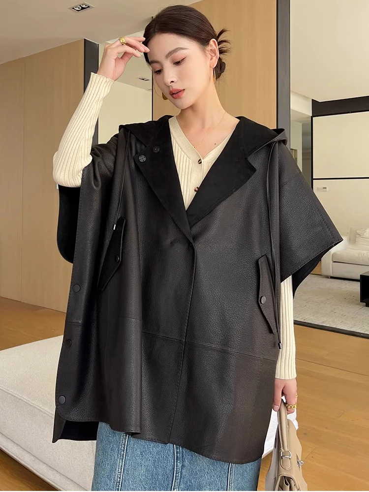 Mid-length Hooded Genuine Leather Cape Jackets for Women Spring Autumn High-end Simple Black Deer Texture Real Goatskin Coat
Mid-length Hooded Genuine Leather Cape Jackets for Women Spring Autumn High-end Simple Black Deer Texture Real Goatskin Coat