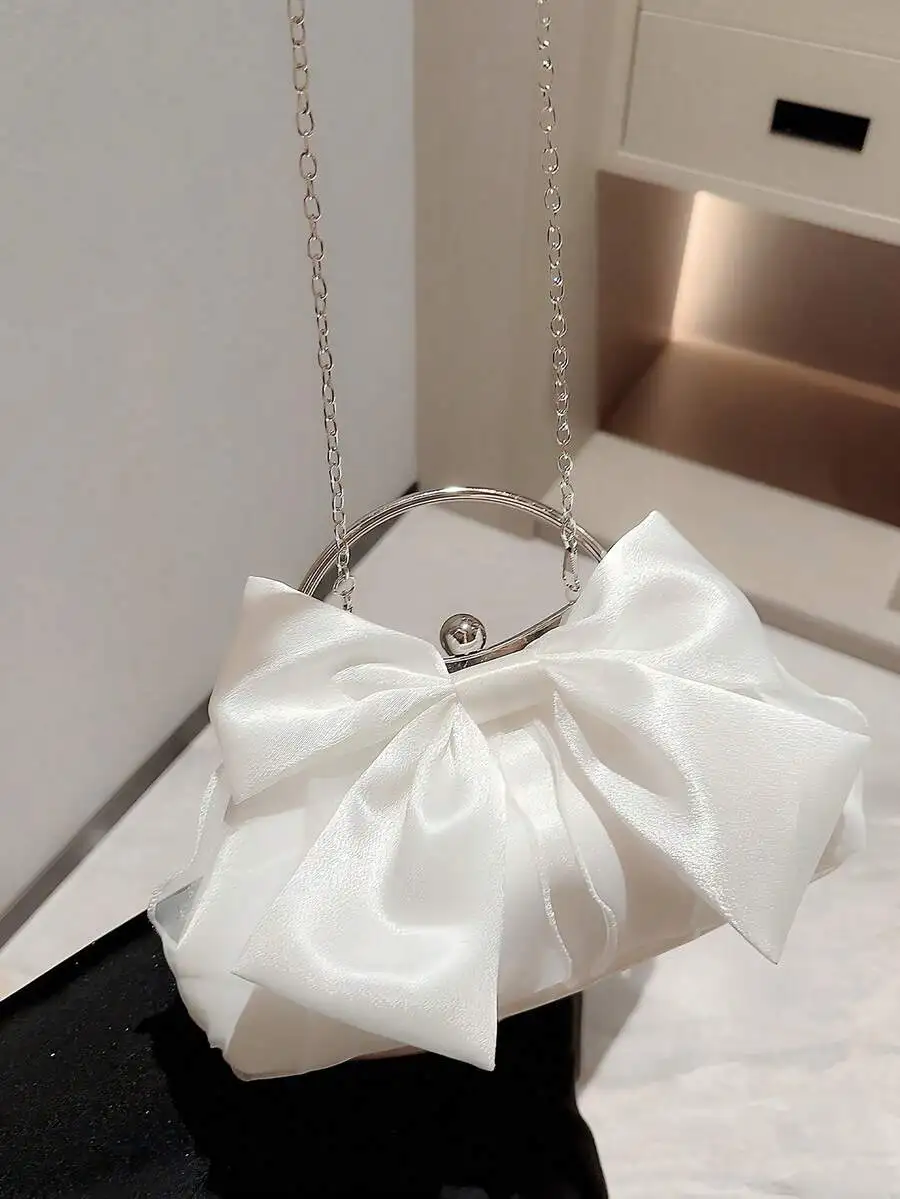White Satin Bow Clutch Bag With Chain Strap For Evening Party
White Satin Bow Clutch Bag With Chain Strap For Evening Party