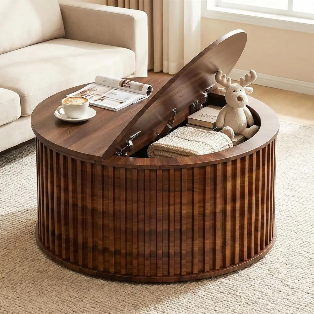 Walnut Round Coffee Table with Concealed Storage for Living Room or Small Spaces
Walnut Round Coffee Table with Concealed Storage for Living Room or Small Spaces