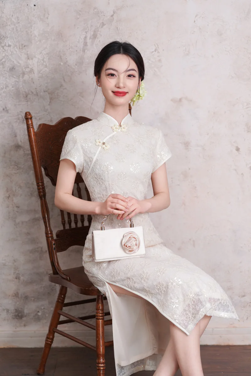 Summer Women's Daily Young Style Chinese Chiffon Cheongsam Toast Dress Sequins Lace Qipao
Summer Women's Daily Young Style Chinese Chiffon Cheongsam Toast Dress Sequins Lace Qipao