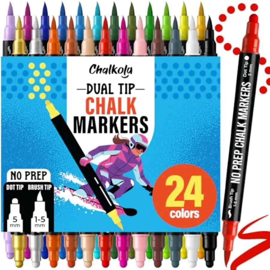 Dual Tip Chalk Markers for Blackboard - 24 Colors, Dot + Brush Tip, No Pumping Erasable Liquid Chalk Markers for Chalkboard, Gl
Dual Tip Chalk Markers for Blackboard - 24 Colors, Dot + Brush Tip, No Pumping Erasable Liquid Chalk Markers for Chalkboard, Gl