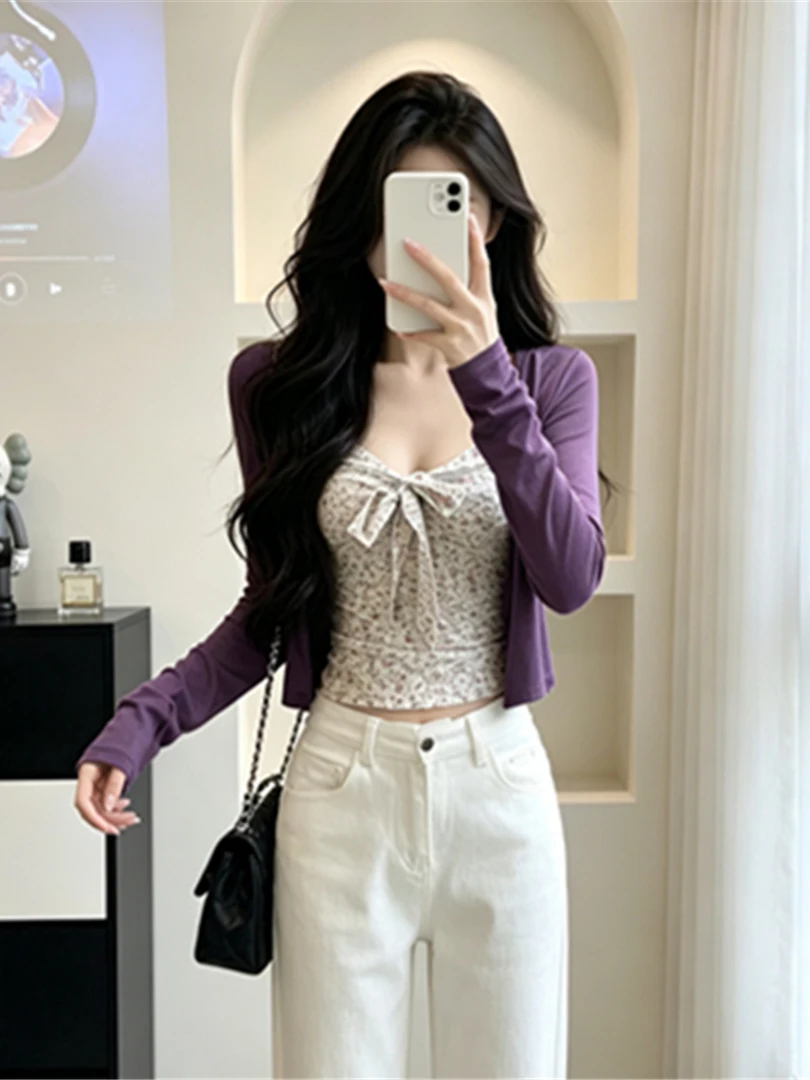 Summer New Pure Desire Floral Print Shoulder Bared Two-Piece Set Women's Korean Style Purple Open Cardigan Coat And Crop Top
Summer New Pure Desire Floral Print Shoulder Bared Two-Piece Set Women's Korean Style Purple Open Cardigan Coat And Crop Top