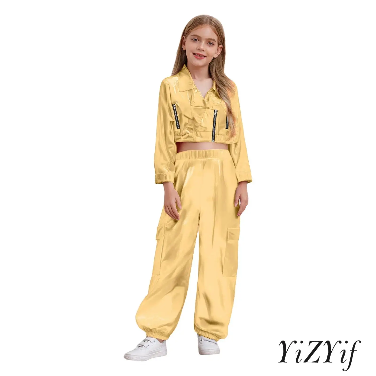 Kids Boys Girls Hip-Hop Jazz Dance Set Jacket Zipper Metallic Turn-Down Collar Long Sleeve with Shiny Pants Motorcycle Outwear
Kids Boys Girls Hip-Hop Jazz Dance Set Jacket Zipper Metallic Turn-Down Collar Long Sleeve with Shiny Pants Motorcycle Outwear