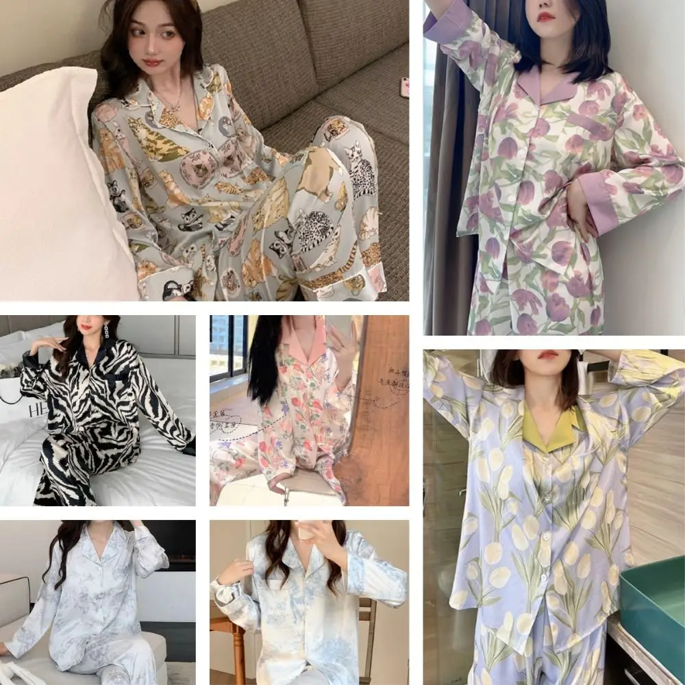 Elegant Loose Pajamas Set Women Cardigan Ice Silk Floral Sleepwear Homewear with Pocket Long Sleeved Pajamas Girls
Elegant Loose Pajamas Set Women Cardigan Ice Silk Floral Sleepwear Homewear with Pocket Long Sleeved Pajamas Girls