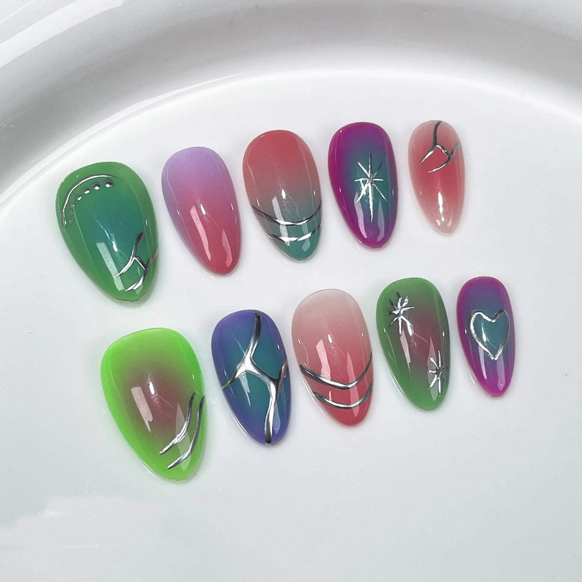 10pcs Handmade Press on Nails Fluorescent Color Blocking Fake Nails Wearable Full Cover Ins Style Short Almond False Nail Patch
10pcs Handmade Press on Nails Fluorescent Color Blocking Fake Nails Wearable Full Cover Ins Style Short Almond False Nail Patch