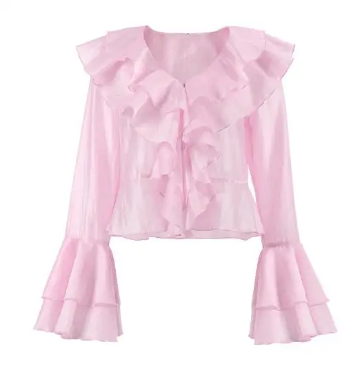 Summer Charm Pink Chiffon Sunscreen Dress with Layered Ruffle Edges, V-Neck, Trumpet Sleeves, Short Women's Shirt
Summer Charm Pink Chiffon Sunscreen Dress with Layered Ruffle Edges, V-Neck, Trumpet Sleeves, Short Women's Shirt