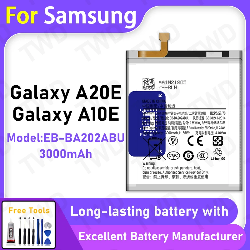 100% New 3000mAh EB-BA202ABU Battery For Samsung Galaxy A20E/A10E Battery Replacement Bateria+Free Tool
100% New 3000mAh EB-BA202ABU Battery For Samsung Galaxy A20E/A10E Battery Replacement Bateria+Free Tool
